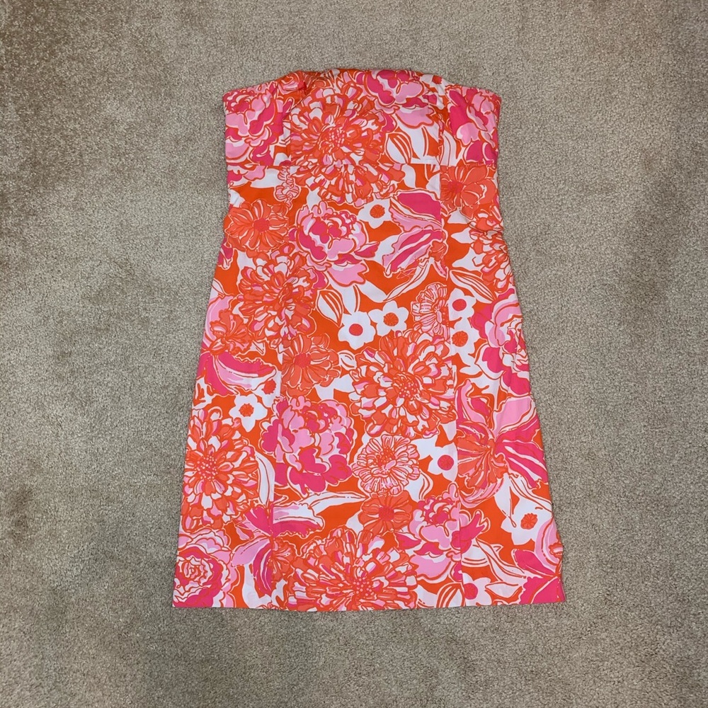 Lilly Pulitzer orange and pink strapless dress